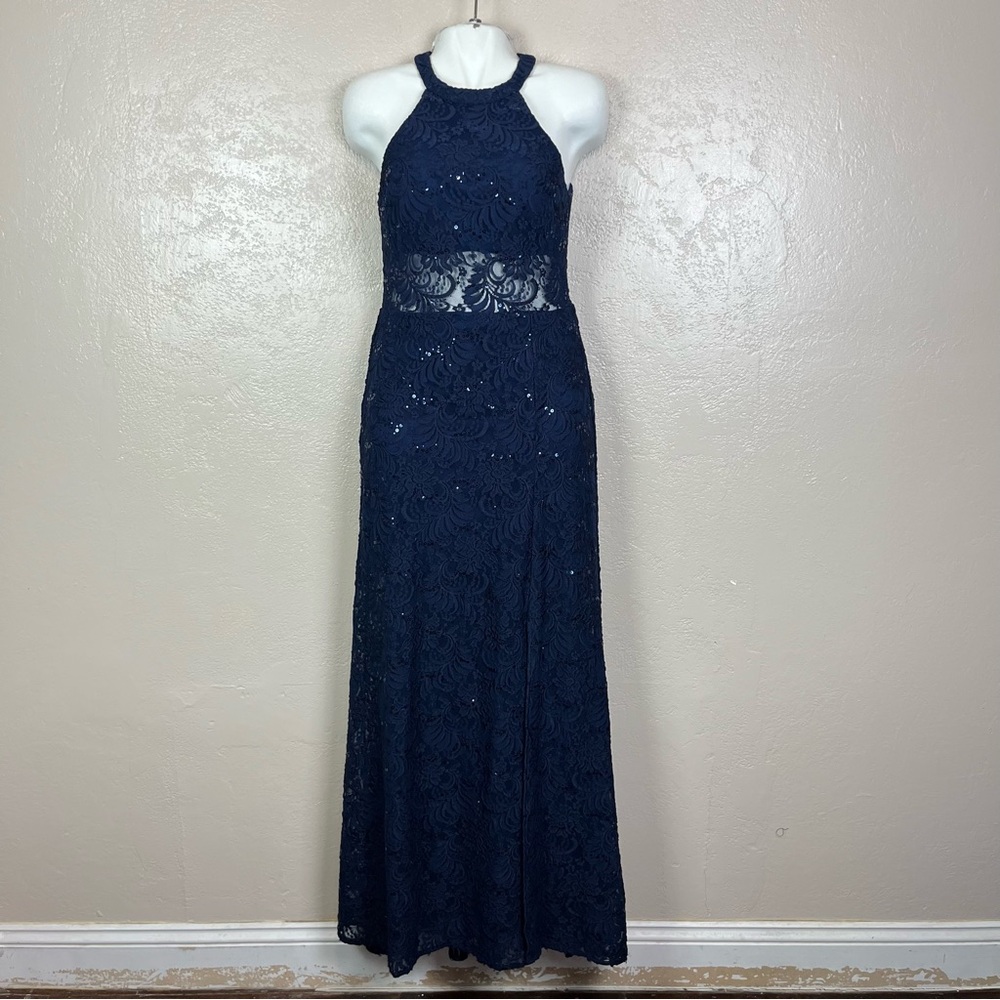 Morgan‎ & co women navy blue lace sequin maxi formal prom dress, size large
